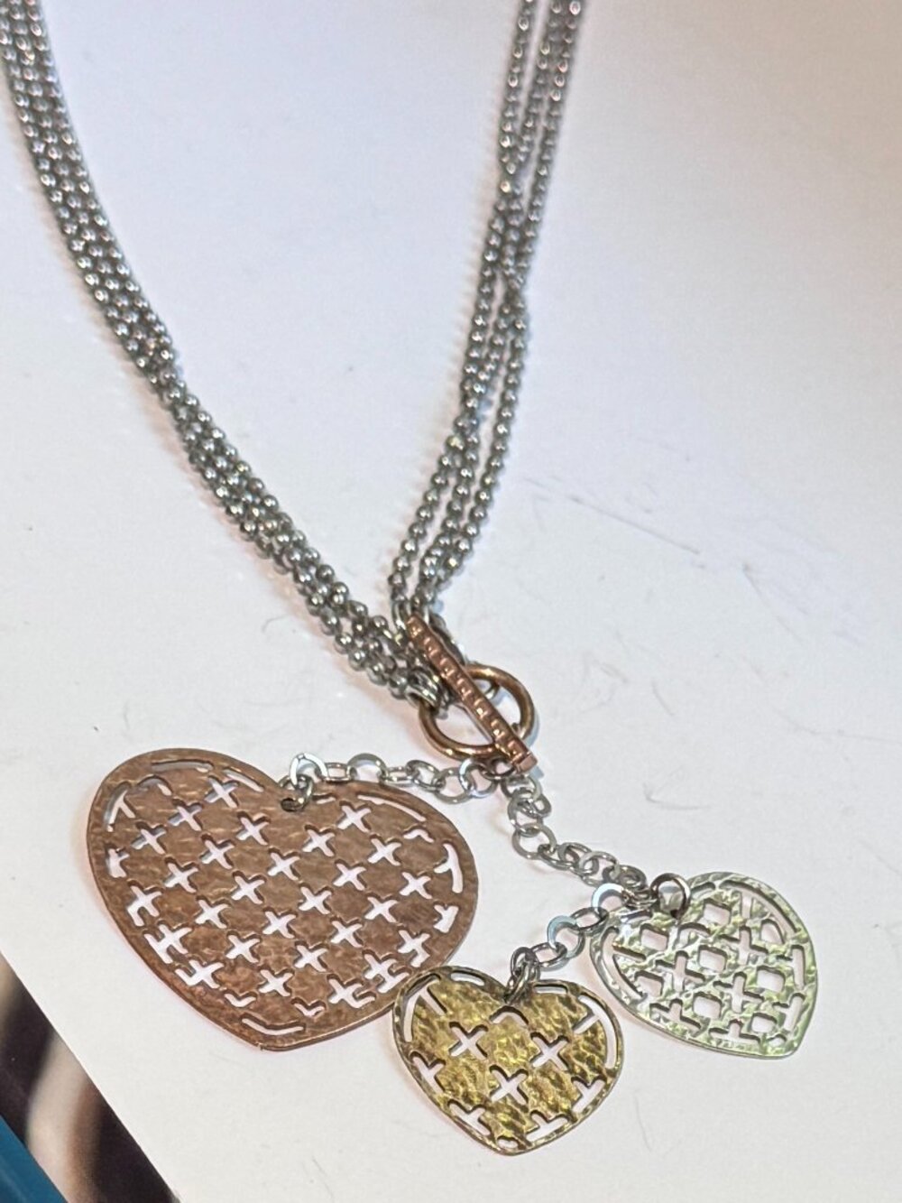 ✨🇮🇹 Italian .925 Sterling Silver Tri-Colour Three Heart Toggle Necklace 🇮🇹✨